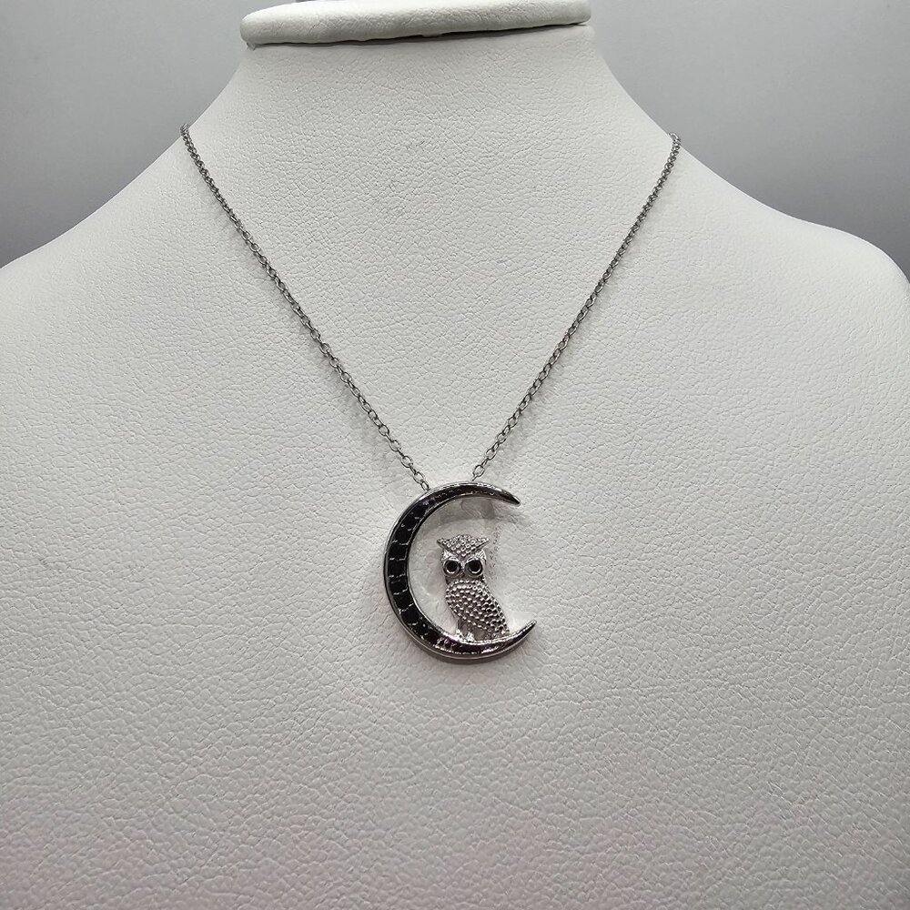 Sterling Silver 925 Rhodium Plated CZ Black Moon and Owl Pendant Necklace - Picture 3 of 10